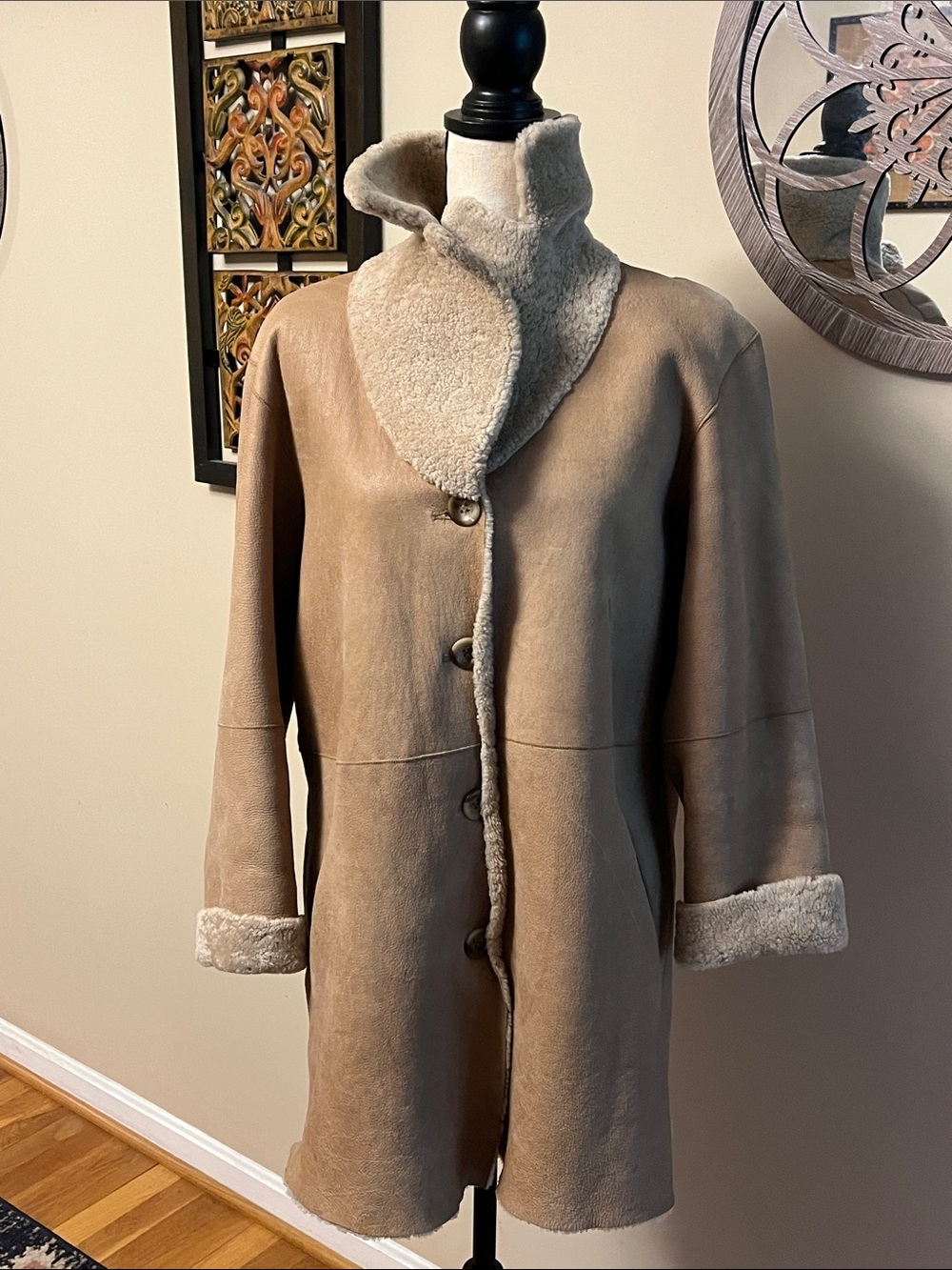 Women's Shearling-Trimmed Suede Coat in Taupe, size medium, good preowned coat